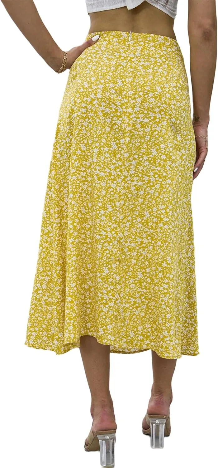 Summer Boho Midi Skirts for Women Fashion Floral Print High Waisted A Line Skirt Color Block Split Hem Beach Skirts