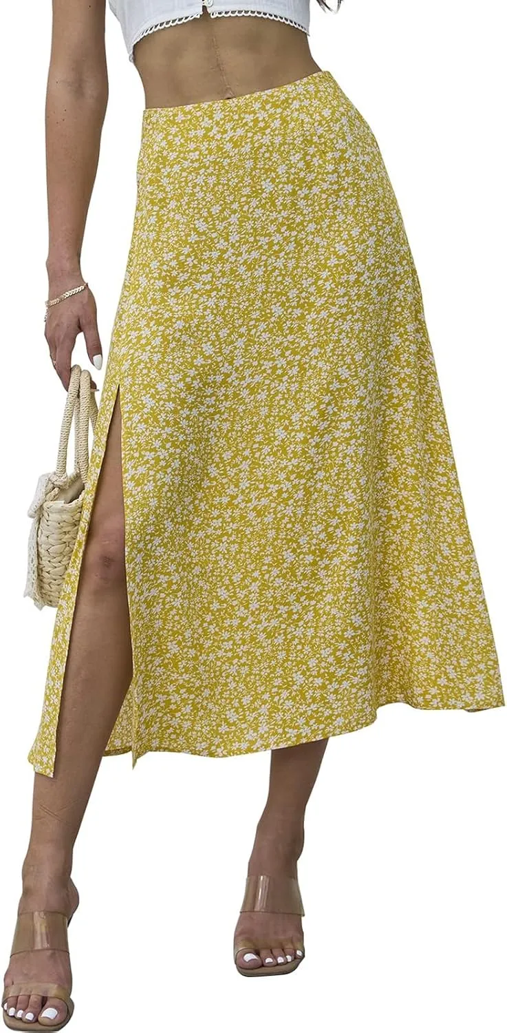 Summer Boho Midi Skirts for Women Fashion Floral Print High Waisted A Line Skirt Color Block Split Hem Beach Skirts