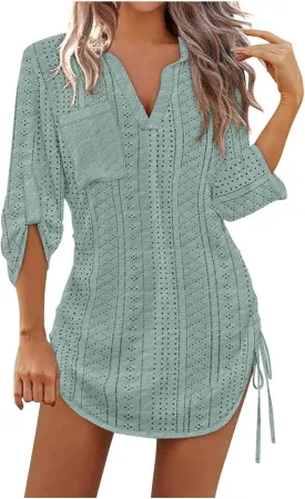 Summer Eyelet Beach Cover Up Dress for Women Lapel V Neck Roll Up Long Sleeve Drawstring Side Ruched Short Mini Dresses