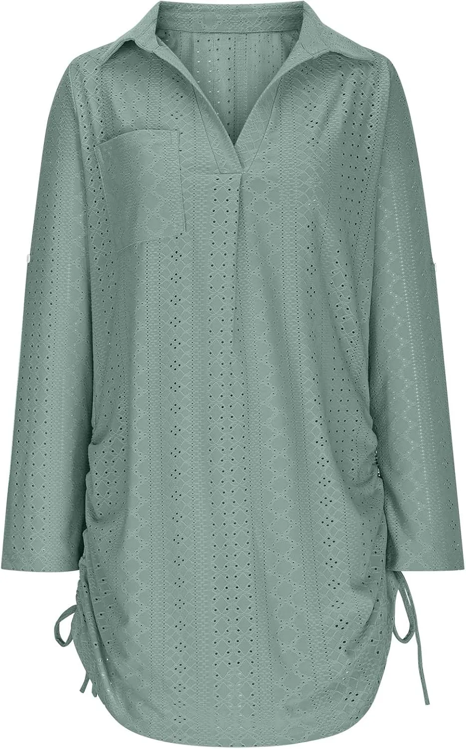 Summer Eyelet Beach Cover Up Dress for Women Lapel V Neck Roll Up Long Sleeve Drawstring Side Ruched Short Mini Dresses