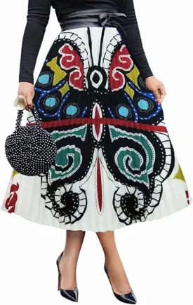 ThusFar Women's Graffiti Pleated Skirts Cartoon Printed Elastic Waist A-Line Swing Midi Skirt