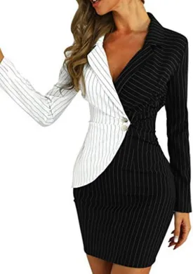 VOWUA Blazer Dress For Women Sexy V Neck Bodycon Dress Double Breasted Button Business Office Lady Suit