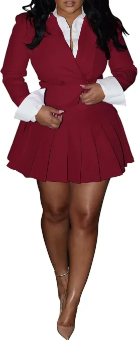 Women 2 Piece Outfits Business Casual Double Breasted Cropped Blazer Jacket and High Waist Pleated Mini Skirt Sets