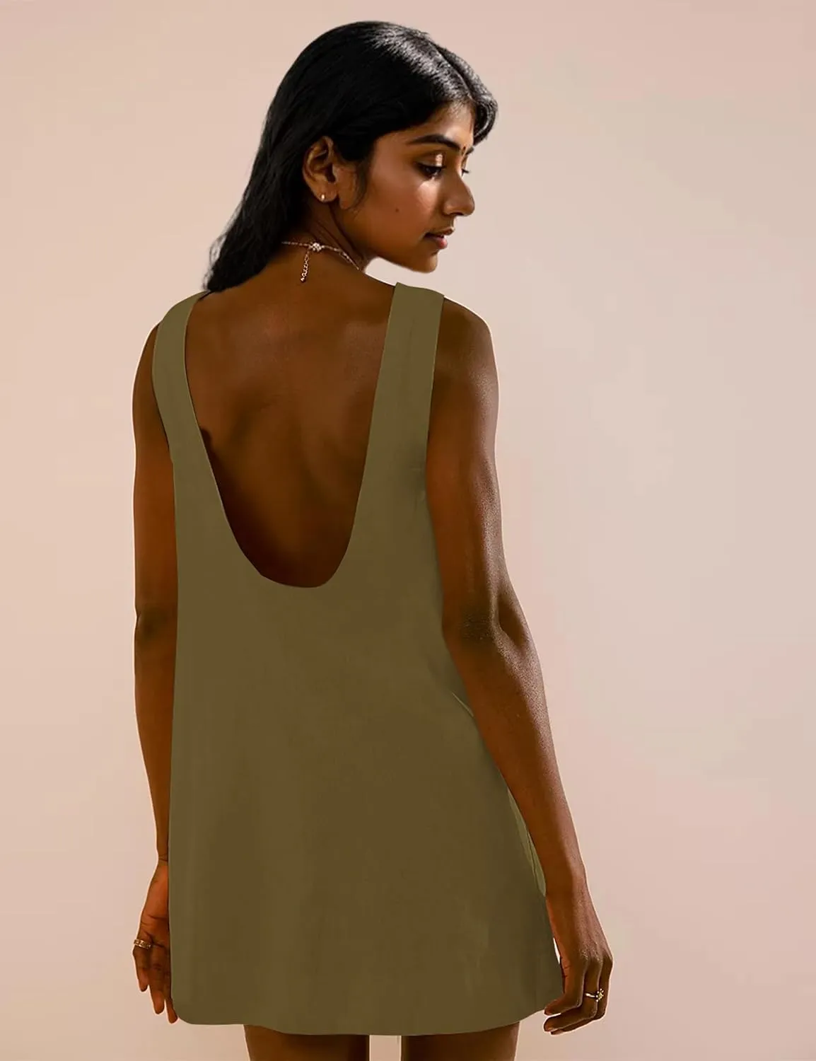 Women Summer Sleeveless Open Back Mini Shift Dress Tunic Scoop Neck Tank Short Cotton Linen Dress Casual Beach Dress