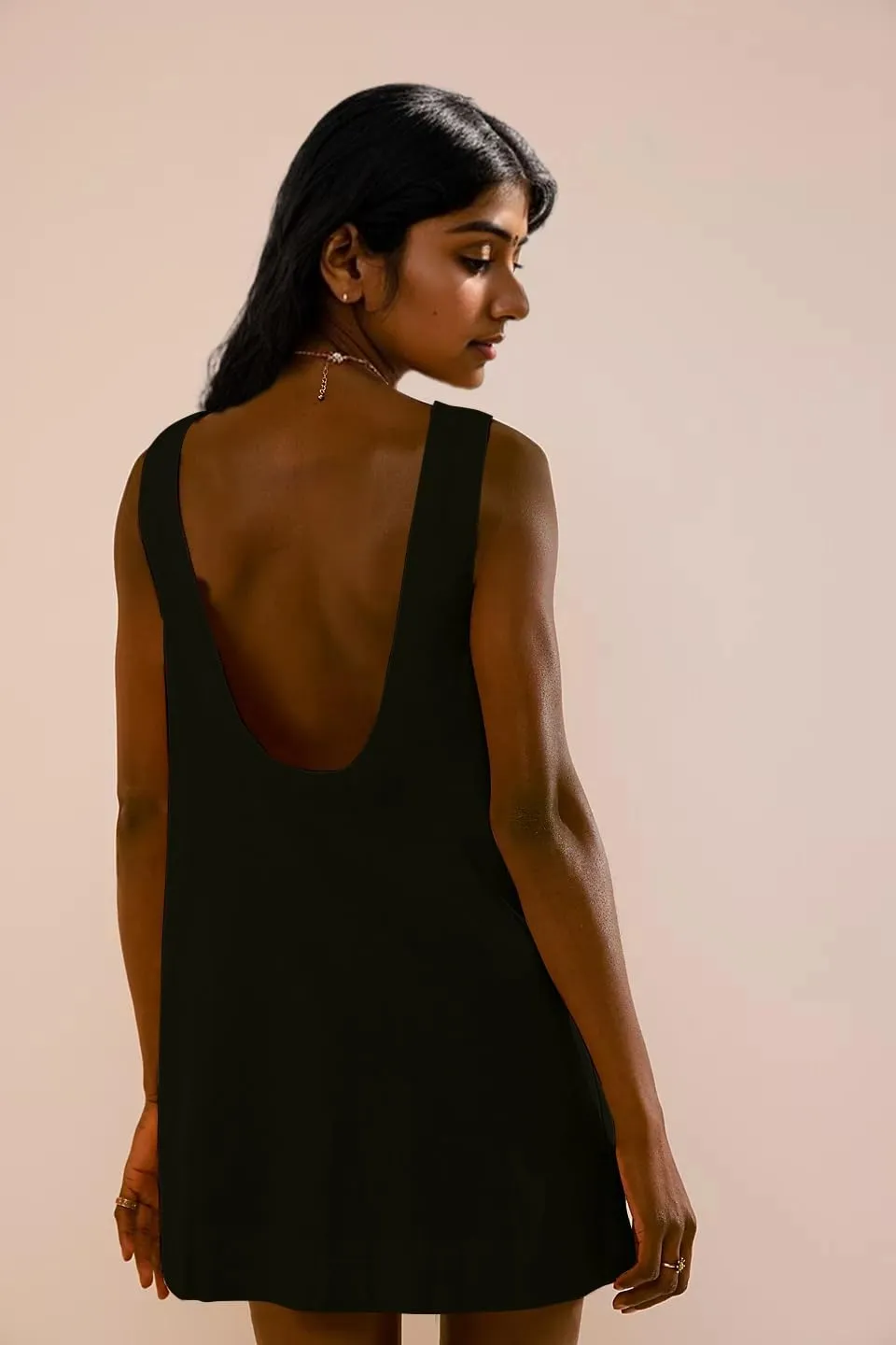 Women Summer Sleeveless Open Back Mini Shift Dress Tunic Scoop Neck Tank Short Cotton Linen Dress Casual Beach Dress