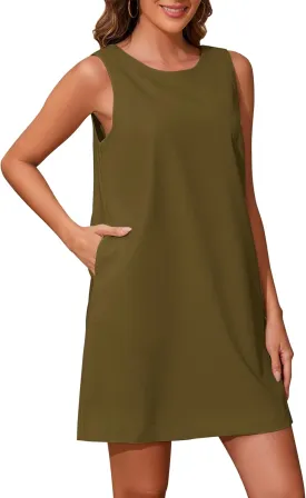 Women Summer Sleeveless Open Back Mini Shift Dress Tunic Scoop Neck Tank Short Cotton Linen Dress Casual Beach Dress