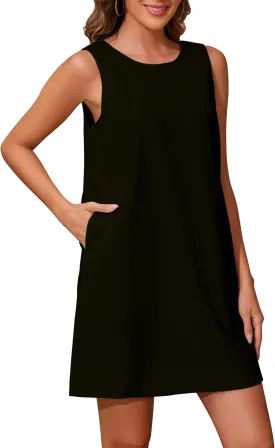 Women Summer Sleeveless Open Back Mini Shift Dress Tunic Scoop Neck Tank Short Cotton Linen Dress Casual Beach Dress