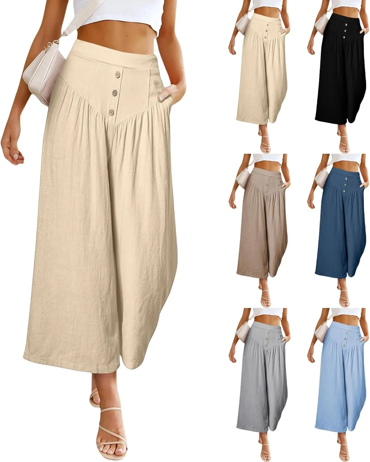 Womens Cotton Linen Palazzo Pants Flowy Wide Leg Cropped Pants Lightweight High Waist Beach Trousers