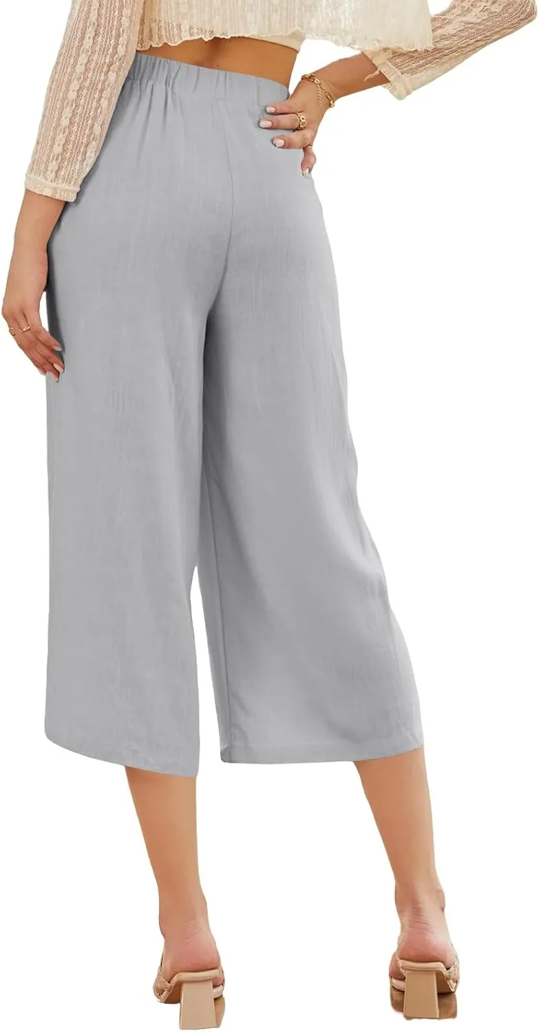 Womens Cotton Linen Palazzo Pants Flowy Wide Leg Cropped Pants Lightweight High Waist Beach Trousers