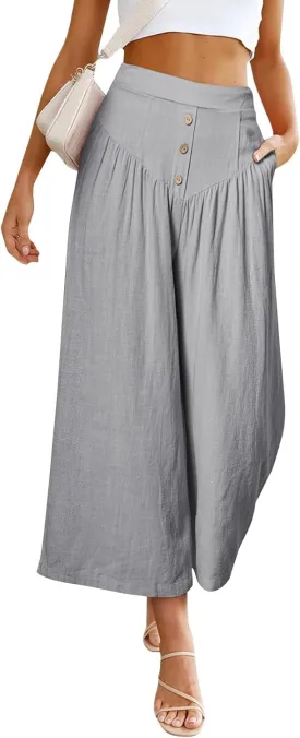Womens Cotton Linen Palazzo Pants Flowy Wide Leg Cropped Pants Lightweight High Waist Beach Trousers