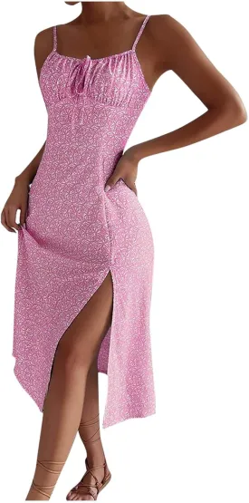 Women's Spaghetti Strap Bodycon Dress Sleeveless Ribbed Knit Slim Fit Side Slit Midi Dresses Summer Sexy Casual Dress
