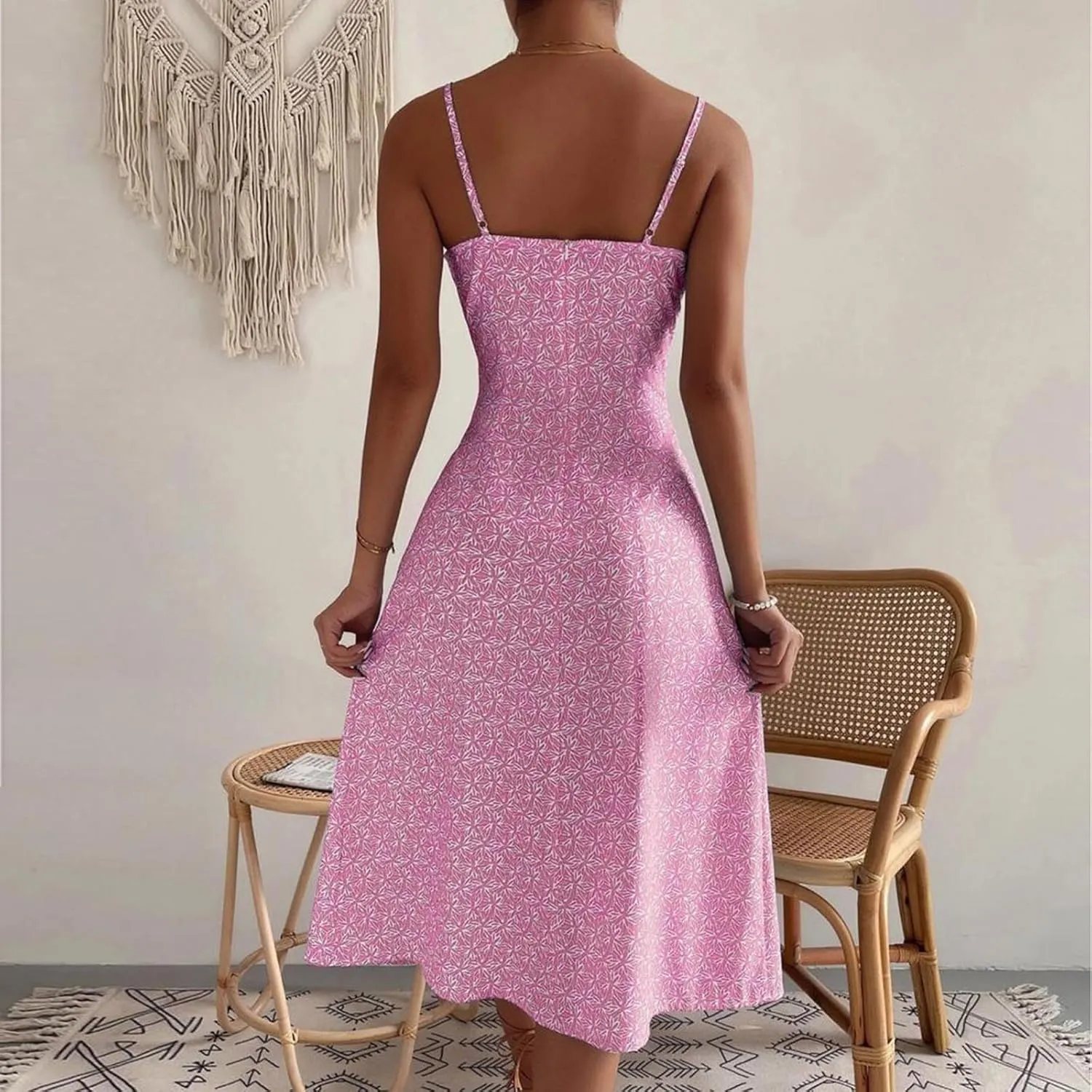 Women's Spaghetti Strap Bodycon Dress Sleeveless Ribbed Knit Slim Fit Side Slit Midi Dresses Summer Sexy Casual Dress