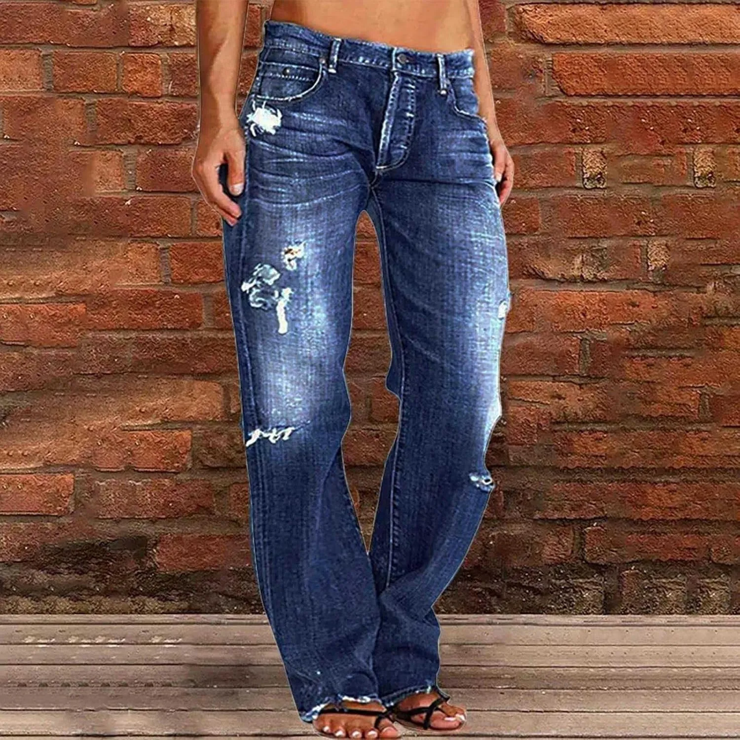 Womens Straight Leg Jeans Button Down Low Rise Ripped Jeans Plus Size Boyfriend Distressed Denim Pants with Pockets