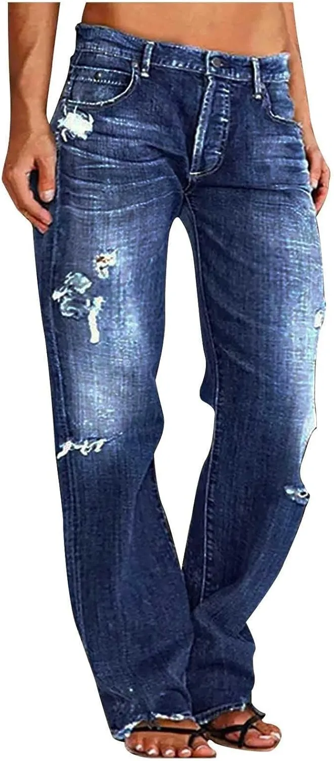 Womens Straight Leg Jeans Button Down Low Rise Ripped Jeans Plus Size Boyfriend Distressed Denim Pants with Pockets