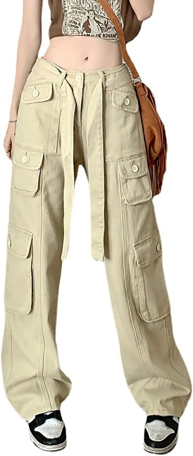 Women's Y2K High Waist Baggy Jeans Flap Pocket Relaxed Fit Straight Wide Leg Loose Fashion Cargo Jeans