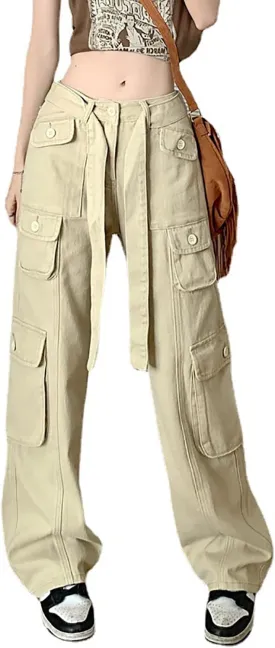 Women's Y2K High Waist Baggy Jeans Flap Pocket Relaxed Fit Straight Wide Leg Loose Fashion Cargo Jeans