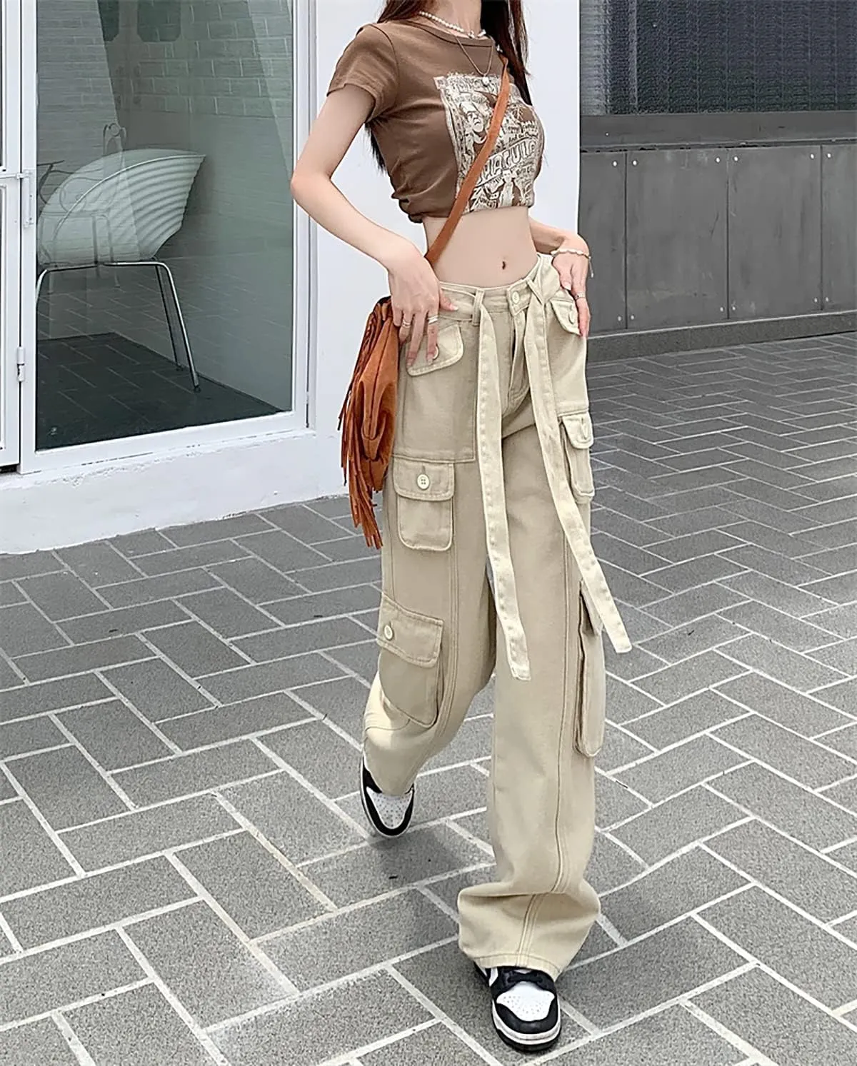 Women's Y2K High Waist Baggy Jeans Flap Pocket Relaxed Fit Straight Wide Leg Loose Fashion Cargo Jeans