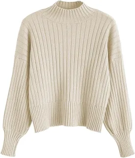 ZAFUL Women's Crew Neck Long Sleeve Pullover Crop Sweater Mock Neck Lantern Sleeve Ribbed Knit Cropped Sweater