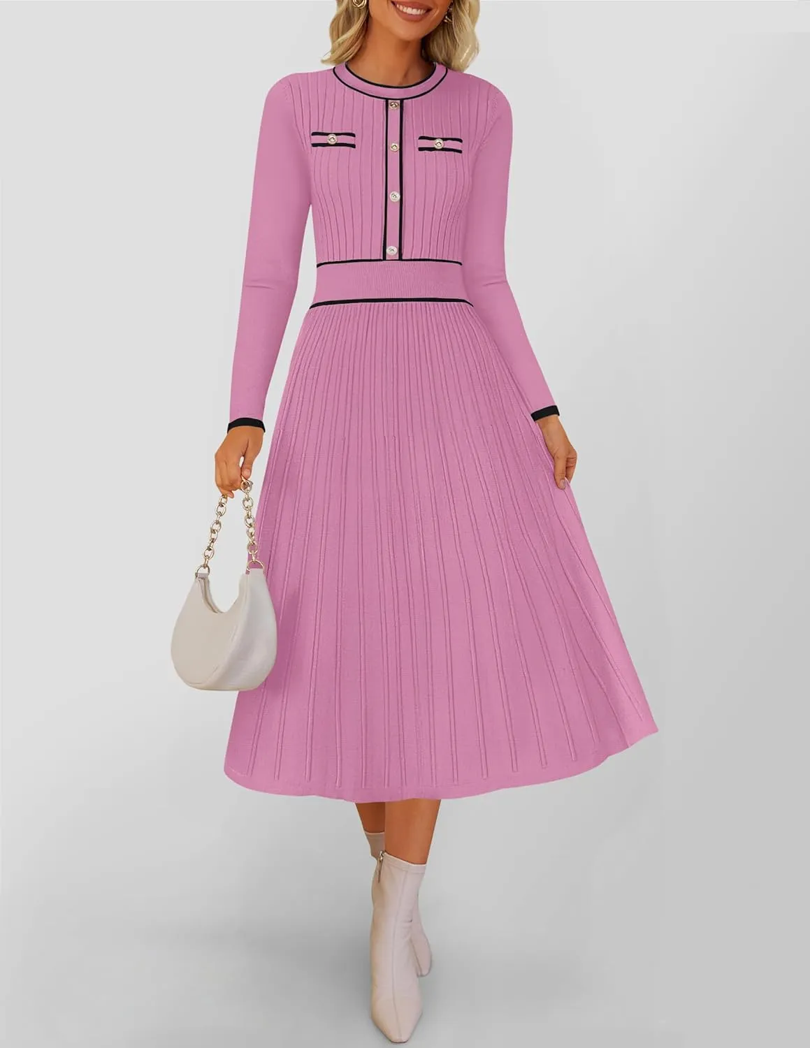 ZESICA Women's Spring Pleated Sweater Dress Long Sleeve Crewneck Ribbed Knitted Midi Dresses