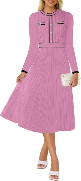 ZESICA Women's Spring Pleated Sweater Dress Long Sleeve Crewneck Ribbed Knitted Midi Dresses