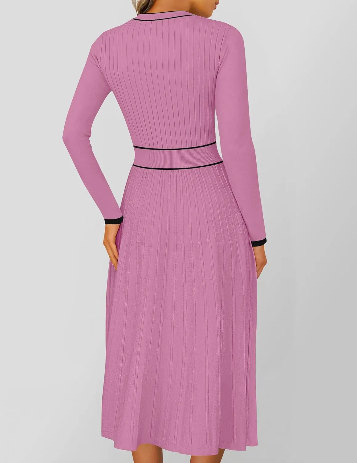 ZESICA Women's Spring Pleated Sweater Dress Long Sleeve Crewneck Ribbed Knitted Midi Dresses