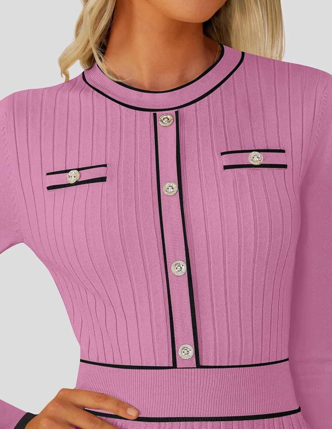 ZESICA Women's Spring Pleated Sweater Dress Long Sleeve Crewneck Ribbed Knitted Midi Dresses