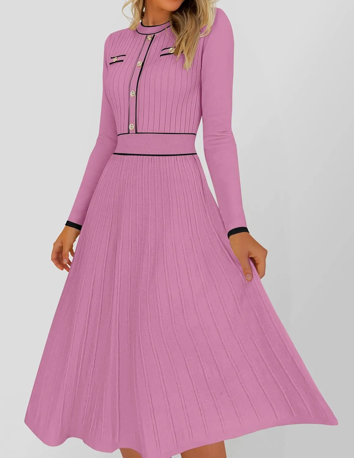 ZESICA Women's Spring Pleated Sweater Dress Long Sleeve Crewneck Ribbed Knitted Midi Dresses