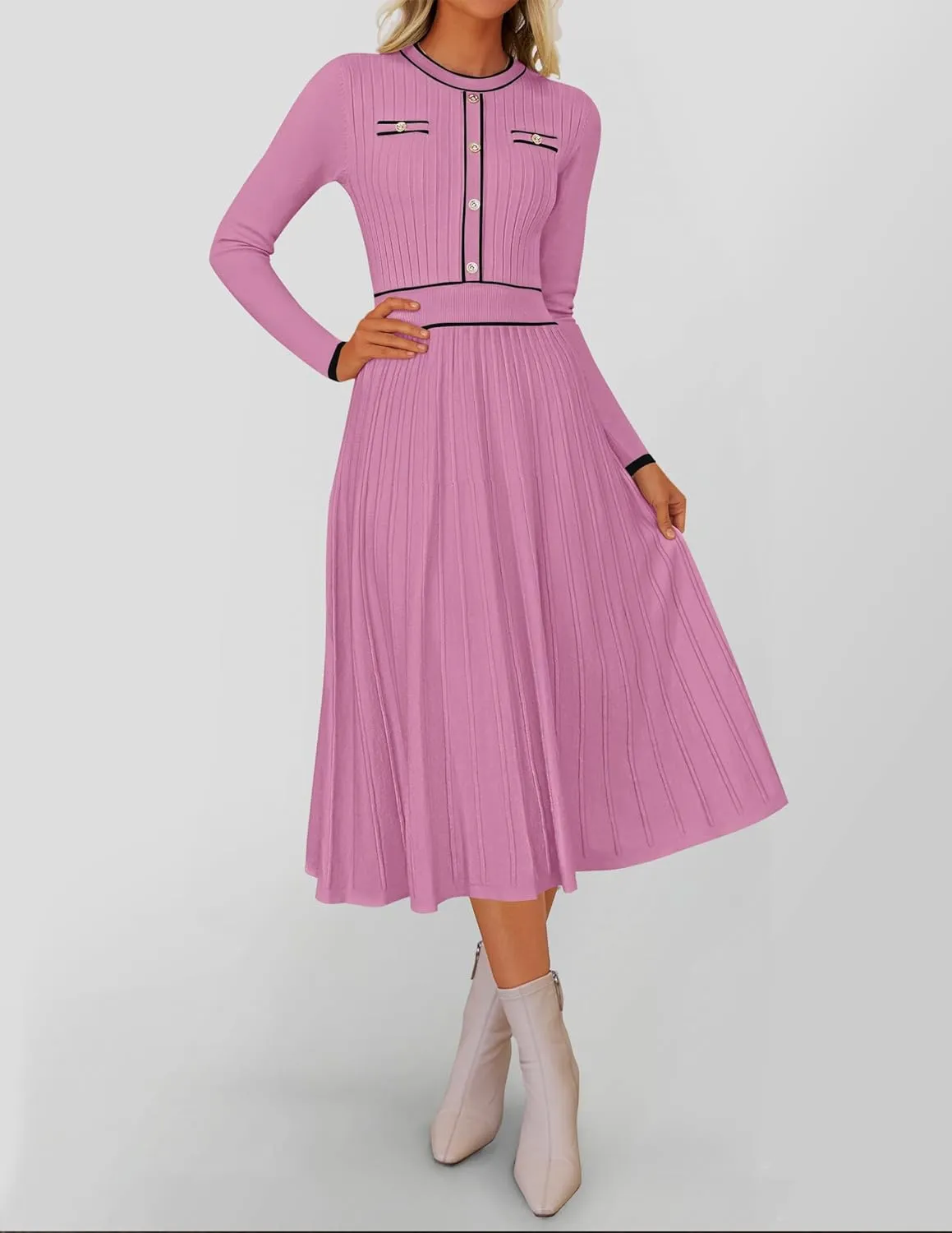 ZESICA Women's Spring Pleated Sweater Dress Long Sleeve Crewneck Ribbed Knitted Midi Dresses
